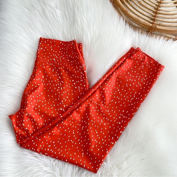 Kavala Poppy Red Leggings High Rise Waisted Crop Red Orange White Polka Dot - Picture 1 of 13